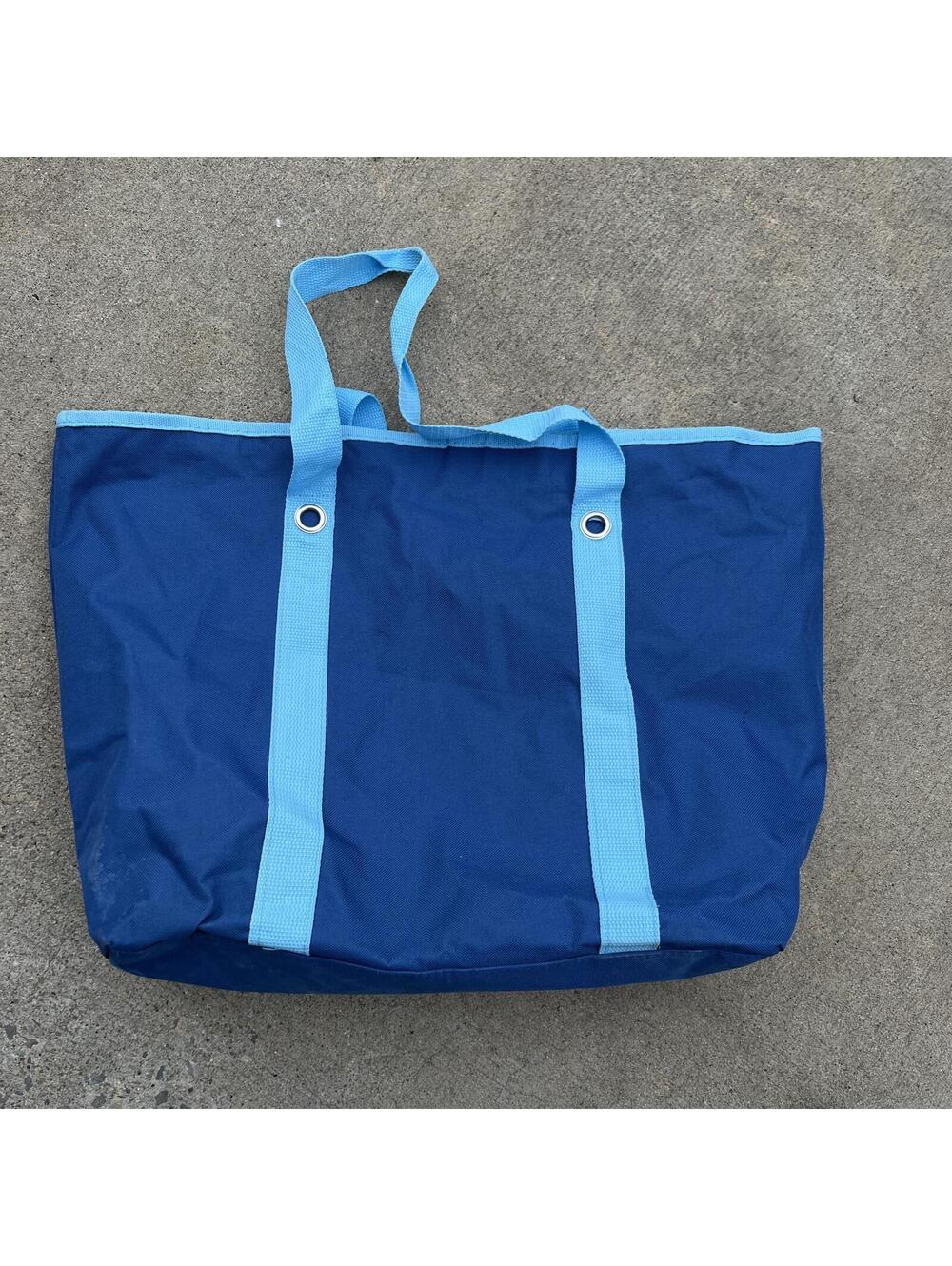 Large Navy Blue Canvas Tote Bag with Light Blue Straps and clips